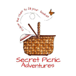 secret picnic adventures logo of picnic basket with butterfly flying out of it